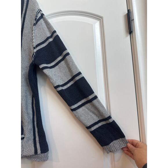American Eagle Outfitters Mens Blue, Gray, and White Stripe Coastal Knit Hoodie - Picture 5 of 7